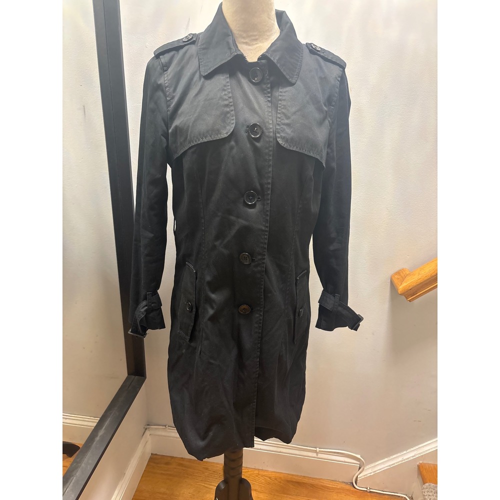 Banana Republic Trench Coat Womens M Black Button Front Long Jacket no belt